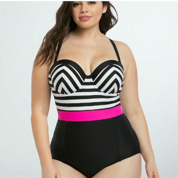 Torrid Push Up Black & White Stripe Hot Pink Waist One Piece Swimsuit